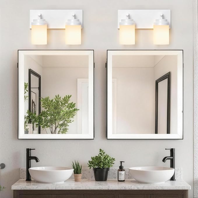 IZORRO Bathroom Vanity Light Fixture, 2-Light 15 Inch White Bathroom Light Fixtures Over Mirror, with White Glass Shade, Modern Farmhouse Vanity Lights, Rustic Restroom Lighting Fixtures