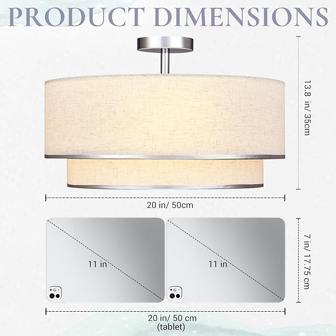 Hamilyeah 20 Inch Semi Flush Mount Ceiling Light, Dual Drum Fabric Shade Ceiling Light Fixture with Silver Metal Trim, Modern Ceiling Lamp for Bedroom, Living Room, Dining Room, Kitchen, Hallway