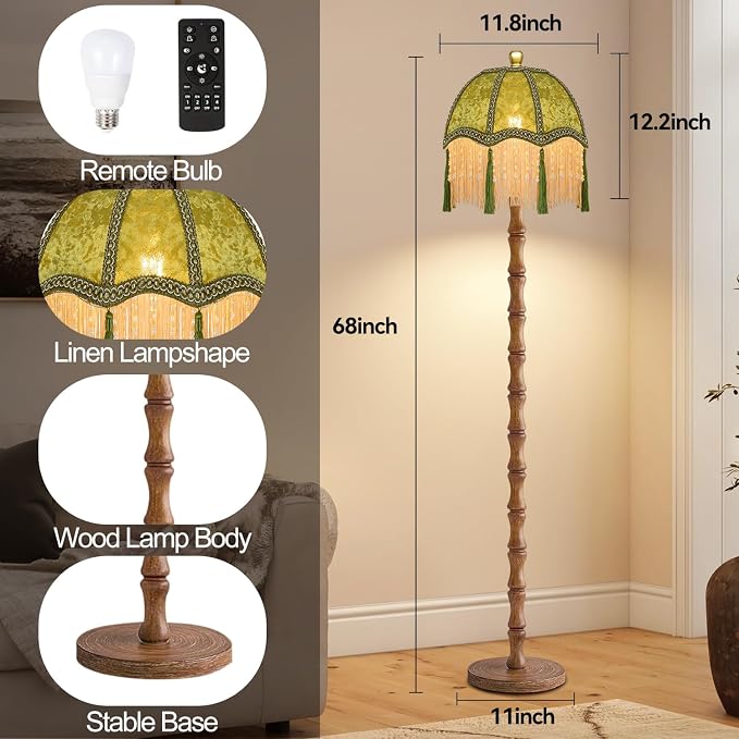 ZECOXOL Wood Floor Lamps for Living Room Boho Rustic Floor Lamp with Remote Control,Dimmable Vintage Floor Lamp Green Mid Century Modern Standing Lamp Pole Tall Fringe Floor Lamp for Bedroom Corner