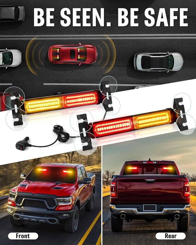 HLauto 1002L Emergency Strobe Traffic Advisor Light Bar: 40LED Dash Safety Warning Flashing Front/Rear Windshield Visor Light for Construction Vehicle, Trucks (2x10.7inch, Amber Red)