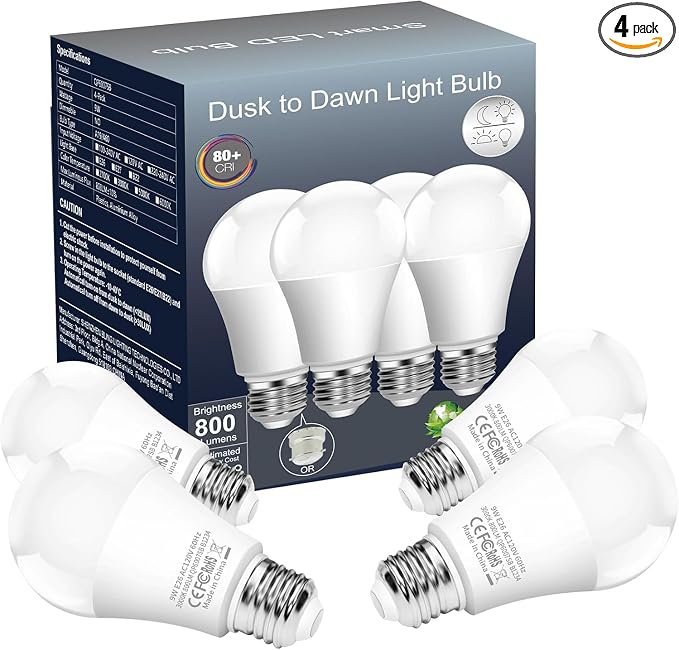 Boxlood Dusk to Dawn Light Bulbs, Built-in Photocell Light Sensor, Automatic On/Off, E26 Base 9W 60W Equivalent, AC120V 3000K Warm White, Indoor/Outdoor Sensor LED Bulb for Yard Entrance Porch 4Pack