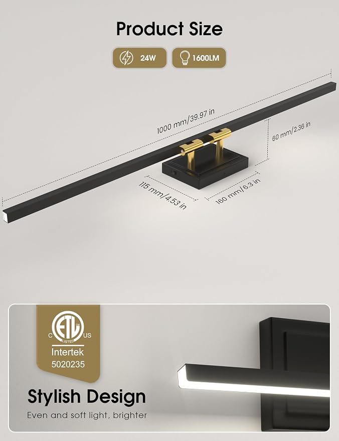 VOLISUN Modern Bathroom Vanity Light 39.4 inch, Rotatable, 24W Dimmable 5CCT Led Bathroom Light Fixture Over Mirror, Black Gold Bar Vanity Light for Bathroom Mirror Cabinets-ETL Certificated