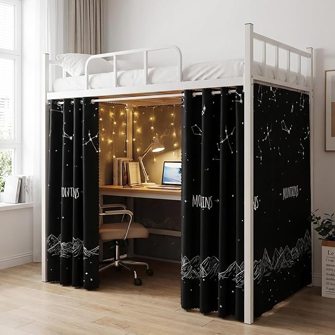 Dorm Blackout Privacy Bottom Bunk Bed Curtains - 2 Panels 78.7"x45.3", No Drill Installation for Twin Loft Beds, Light Blocking Under Bed Canopy with Hanging Hooks & Ropes