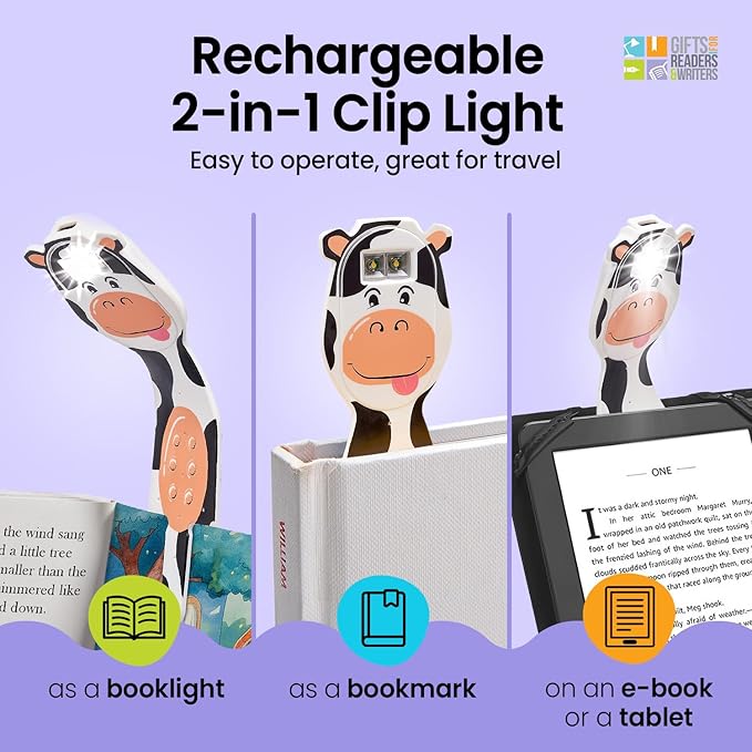 Gifts for Readers & Writers Rechargeable Book Light for Kids, Clip On Reading Light for Bed, 2in1 Flexilight Pals & Bookmark, 12 Hours of Light Once Charged, Includes USB Cable & 2 LED Lights, Cow
