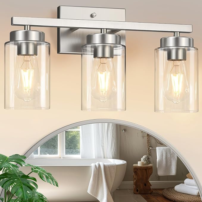IZORRO Modern Bathroom Light Fixtures, 3 Light Brushed Nickel Vanity Lights, Bathroom Lighting Fixtures Over Mirror with Clear Glass for Living Room Cabinet Bedroom