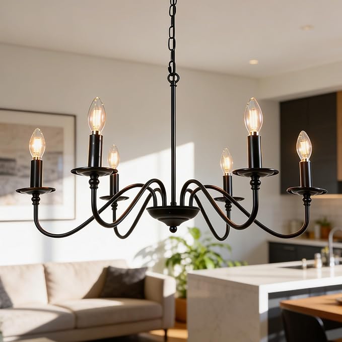 Rustic Farmhouse Candle Chandelier for Dining Room, 6-Light Rustic Black Iron Light Fixture with Classic S-Arm Design for Kitchen Island, Living Room, Foyer-Matte Black
