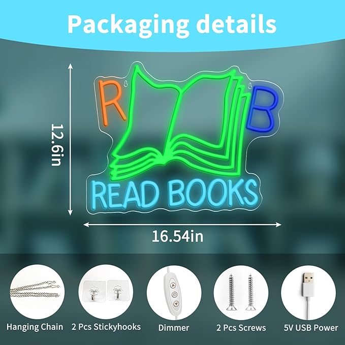 Read Books Neon Signs for Wall Decor, Dimmable Neon Light Library Decor Book Classroom LED Signs, Reading Corner Book Club Decoration Christmas Gifts 16.54 x 12.6 inch
