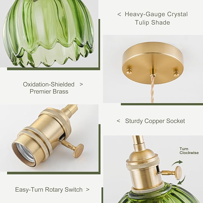 Mini Pendant Lights Kitchen Island, Small Adjustable Pendant Light Fixture with Green Tulip Glass Lampshade, Vintage Gold Pendant Lighting, Pendant Light for Bedroom Dining Room Hallway