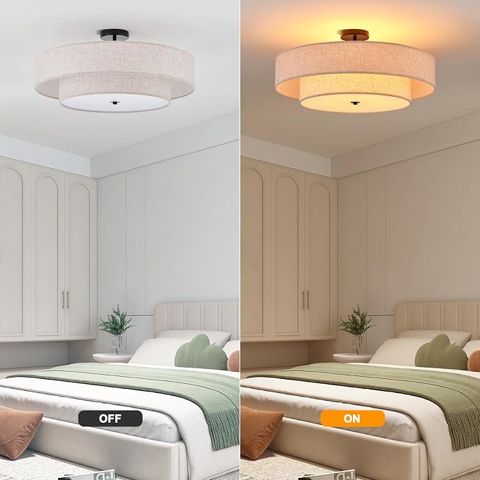 25.6" Black Semi Flush Mount Ceiling Light，5-Light Linen Shade | Large Modern Fabric Drum Light Fixture，E26 Base for Living Room ,Bedroom ,Kitchen ,Dining Room ,Hallway,Closet,Laundry Room