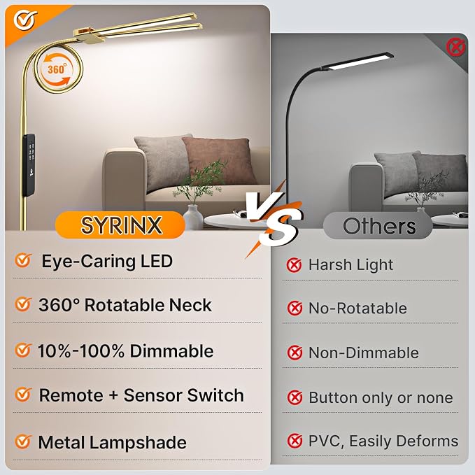 Syrinx LED Floor Lamp, 18W 2000LM Bright Reading Floor Lamp for Office, Gesture & Remote Control, Dual Head Gooseneck Standing Lamp, Dimmable Brightness & Color Temp, Floor Light for Living Room, Gold