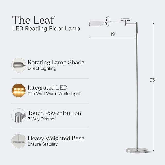 Brightech Leaf Pharmacy LED Reading Lamp, Dimmable Floor Lamp with Easy Adjustable Rotation Over Chair or Desk for Living Room, Work Light for Office, Modern Minimalist Home Decor - Platinum Silver