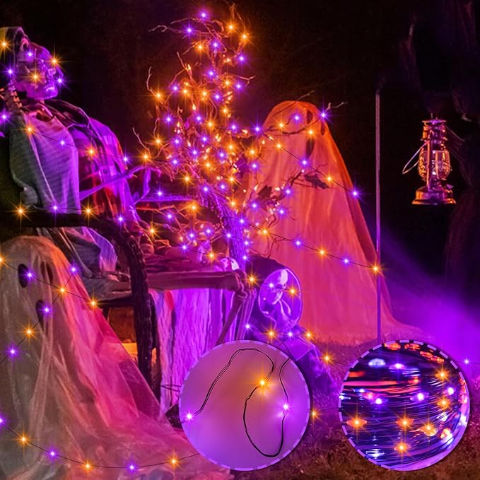 4 Pack Halloween Timer Fairy Lights Battery Operated Twinkle Lights | 16.4Ft 50 LED Purple Orange Fairy Lights Outdoor with Timer 5 Modes,Black Wire
