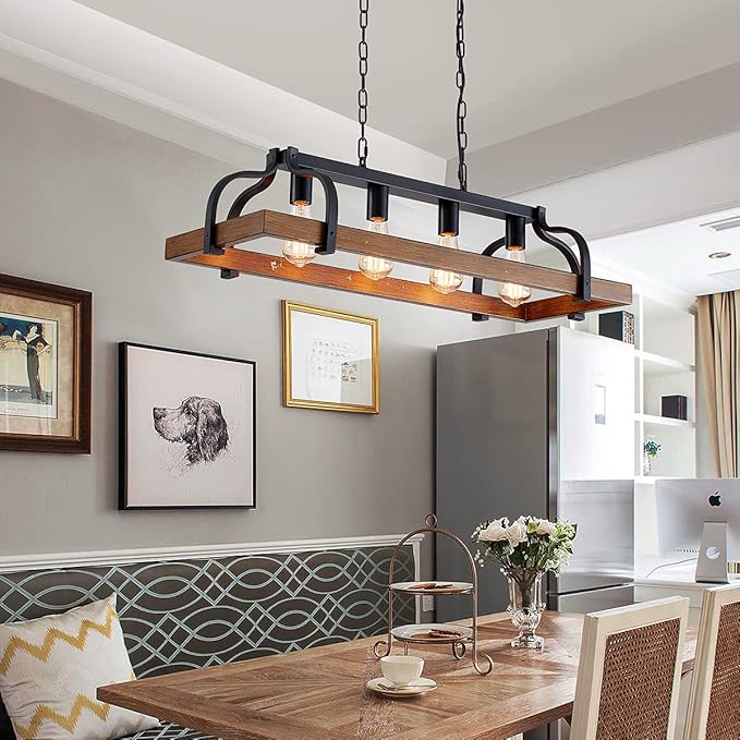 WUZUPS 4-Light Metal Pot Hanging Rack Chandelier Imitation Wood Grain Linear Pendant Ceiling Lighting Rustic Farmhouse Fixture Kitchen Island Dining Room, H 9.8" x L 34.6" x W11.8, E26 Base, Black