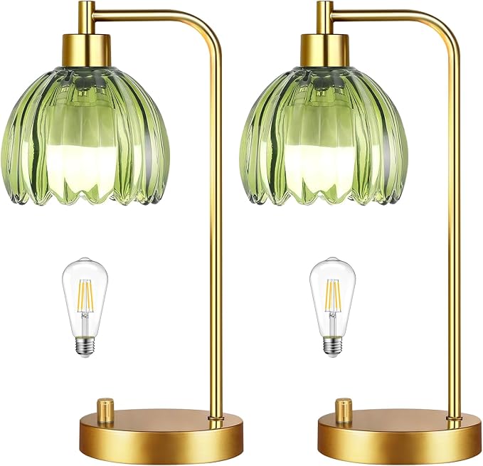 ILLMTW Green Table Lamp Set of 2,Small Glass Bedside Lamps Dimmable Boho Bedroom Lamp with Tulip Flower Lamp Shade,Gold Vintage Mid Century Modern Mini Nightstand Lamp for Bedroom Living Room