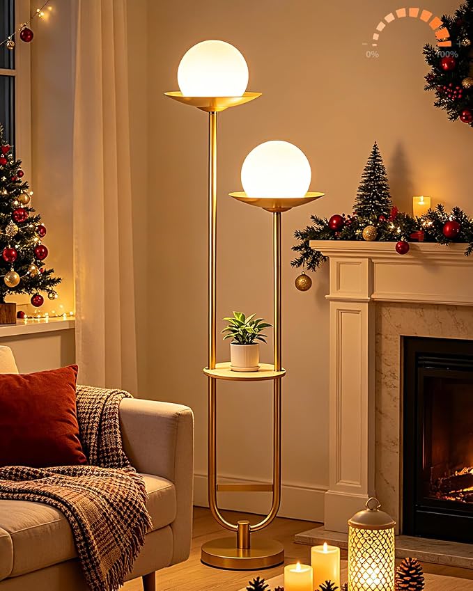 Lightdot 63IN 2 Globe Gold Floor Lamp Mid Century Standing Lamps Dimmable with 3000K Warm White LED Bulbs Unique Vintage Tall Floor Lamp with 5Lbs Heavy Base for Living Room/Wedding/Party
