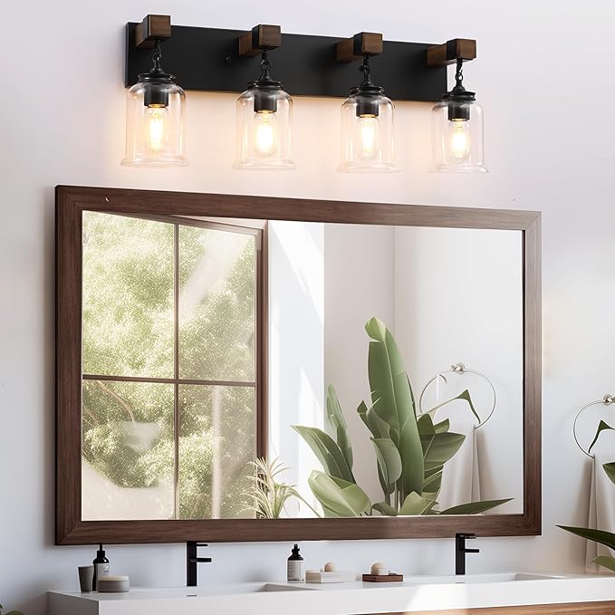 Farmhouse Bathroom Light Fixtures, 5 Light Black Vanity Light, Industrial Style with Clear Glass Shades, Wood Bathroom Lighting Fixtures Over Mirror for Bedroom, Living Room