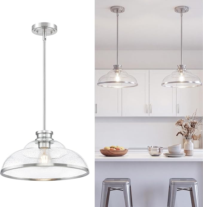 kudos 14" Brushed Nickel Seeded Glass Pendant Light, KDPL14-BN-M | E26 Bulb Base, Hardwired, Farmhouse Styling, Adjustable Hanging Rods for Flat or Sloped Ceilings, for Kitchen Bars