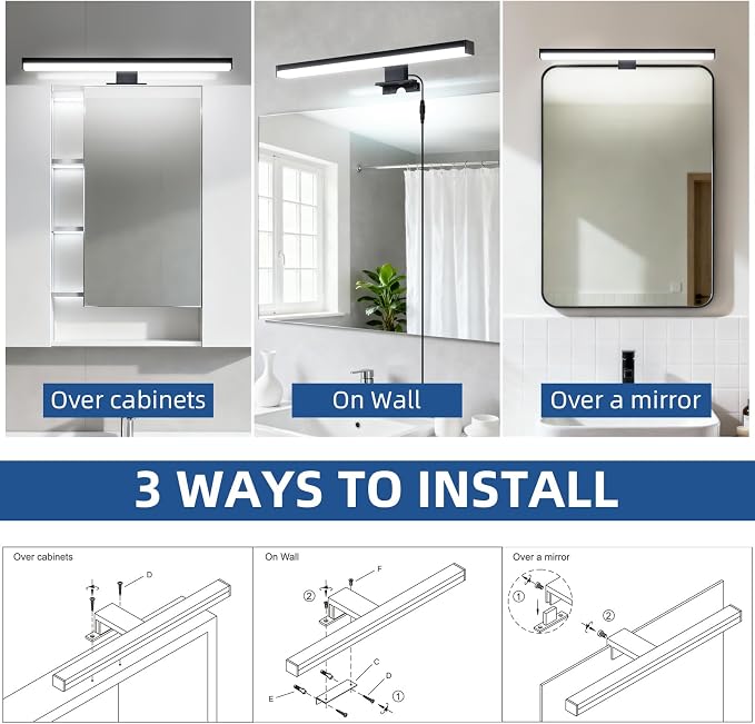 15" Plug in Bathroom Light Fixtures,Vanity Lights Bar,Picture Light | Modern Black,Non-Dimmable,6700K,with Switch,LED,Over Mirror,Wall Lights,Make up light,for Bedroom/Art/Poster/Cabinet