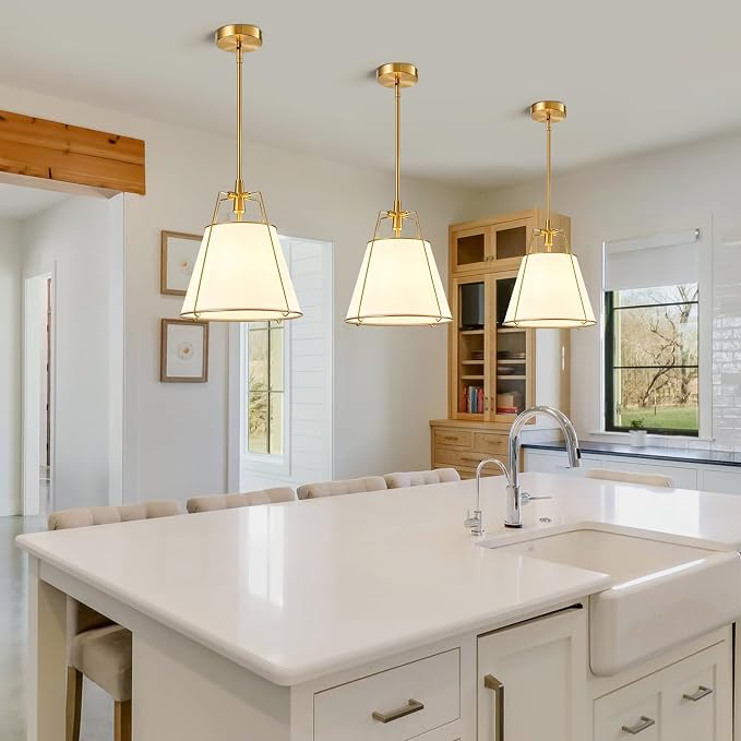 Modern Pendant Light Fixtures with 13" White Linen Fabric Shade, Adjustable Hanging Light Fixture,Drum Gold Vintage Chandelier for Kitchen Island Bedroom Dining Room Foyer Entryway