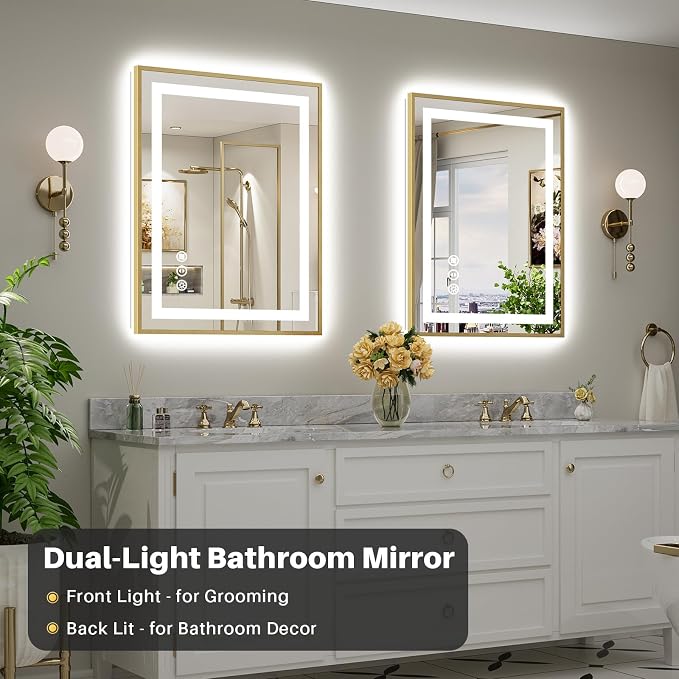 28x36 Inch LED Bathroom Mirror with Gold Frame, Backlit & Front Lit | Anti-fog, 3 Color Dimmable, Memory Function, HD Reflection Tempered Glass, ETL Listed, IP54 Waterproof