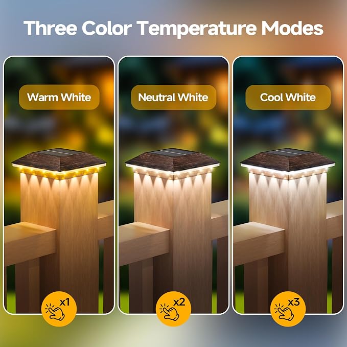 16 Pack 4x4 Solar Post Light, 3 Mode Wooden Vinyl Fence Cap, Brown | 3 color temperatures, Waterproof LED Solar Post Lights, Patio Porch Decor, Only Fit Two True Size Post: 3.5''x3.5'', 4''x4''