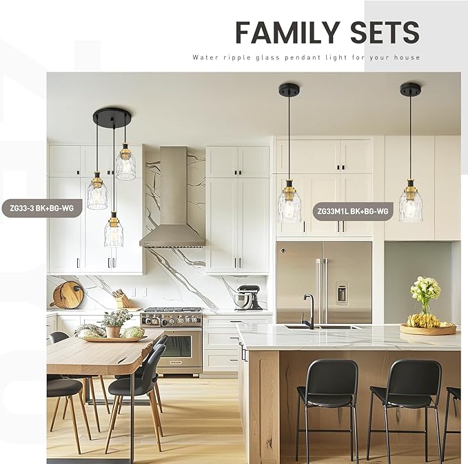 zeyu Adjustable Modern Cluster Pendant Light for Kitchen Island, 3-Light Pendant Lighting, Black and Gold Finish with Water Ripple Glass Shade, ZG33-3 BK+BG-WG