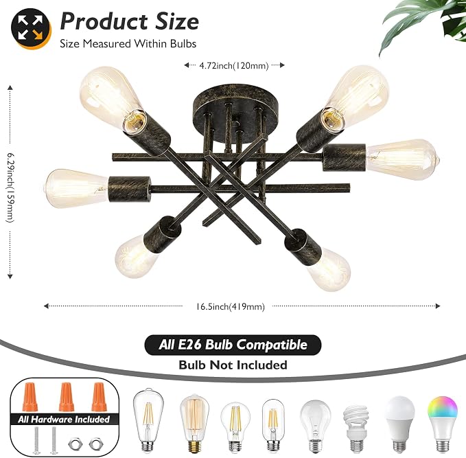 6-Light Semi Flush Mount Ceiling Light Fixture, Modern Industrial Sputnik Ceiling Light, E26 Close to Ceiling Light for Kitchen, Bedroom, Dining Room, Living Room, Hallway, Black Brushed Gold