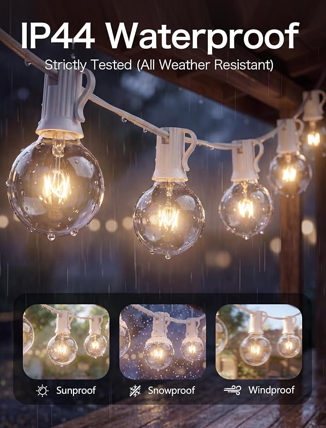 25FT Outdoor White String Lights with 27 G40 Clear Bulbs | Globe Patio String Lights for Indoor/Outdoor, Connectable Hanging Lights for Backyard Porch Balcony Party Decor - White Wire