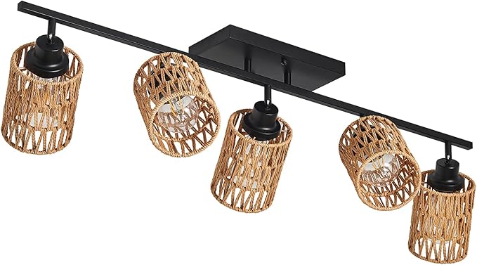5-Light Track Lighting Fixtures Ceiling E26 Rattan Farmhouse Boho Ceiling Track Lighting Directional Rotatable Modern Track Ceiling Light Fixtures for Kitchen Bedroom Living Room Hallway Foyer