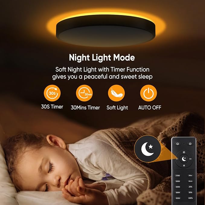 11 Inch Flush Mount Ceiling Light with Remote Control & Night Light, 5CCT Dimmable Ceiling Light Fixture, 20W 2000LM 2700K-6500K Adjustable LED Ceiling Lights for Bedroom Kitchen, Black