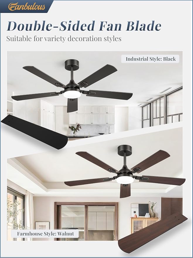 Fanbulous 52 Inch Modern Ceiling Fans with Lights | 6 Speeds,3CCT,Timer,Remote Control,Quiet Reversible DC motor,5 Double-sided Blades,Outdoor,Easy Installation,Black