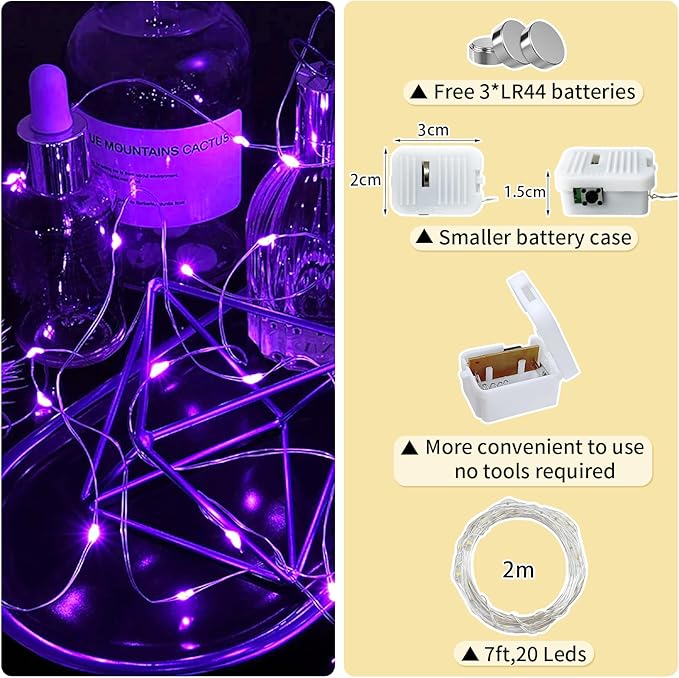 8 Pack Purple Fairy Lights Battery Operated, 7ft 20 LED Mini String Twinkle Lights for Easter Christmas Halloween Mason Jars Centerpiece Table Decorations (8, Purple)