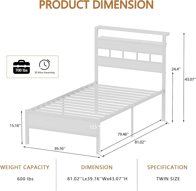 Twin Bed Frames with Storage Headboard, Charger & RGB LED, White | 2-Tier Shelves, Sturdy Metal Slats, Noise-Free, No Box Spring. USB & Type-C Ports, 700lbs Capacity. 12.6" Under-Bed Storage.