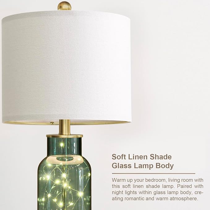 22" Glass Table Lamps Set of 2, Green Modern Bedside Lamp with LED Night Light for Living Room, Nightstand Lamp with USB Ports for Bedrooms, Study Room, End Table(2 Bulbs Included)
