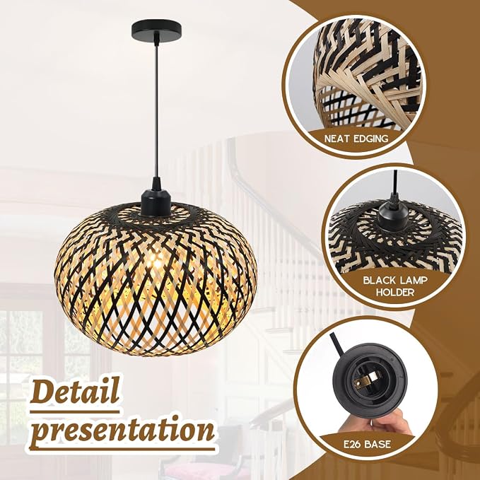 Island Pendant Light Black Natural Hand-Woven Bamboo Pendant Lights 1-Light Boho Light Fixtures Farmhouse Rustic Hanging Lamp for Living Room Dining Room Bedroom