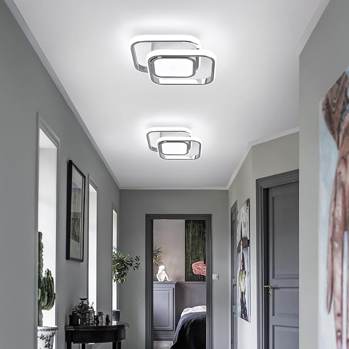 CANEOE Square Hallway Ceiling Light Fixtures,6000K Cool White Modern Flush Mount Ceiling Light,Chrome Led Hallway Lighting Fixtures for Kitchen Entryway Bedroom Laundry Room