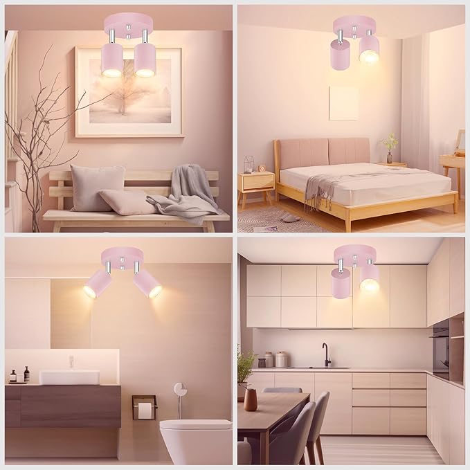 BoostArea LED 2 Light Track Lighting Kit, LED Track Lighting Fixtures, Pink Round Ceiling Spot Lighting, Flexibly Rotatable Light Head for Kitchen, Living Room, Bedroom, GU10 Bulb Not Included