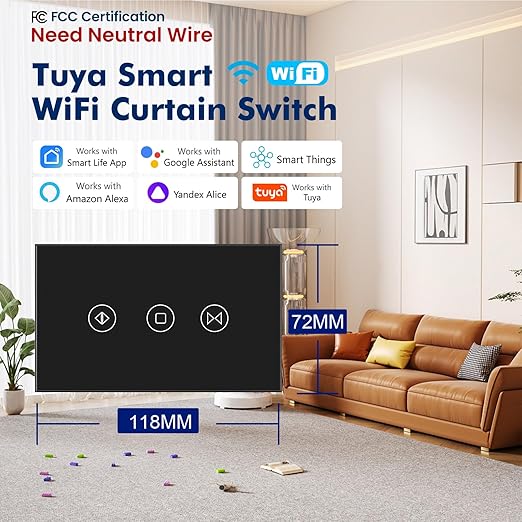 Smart Curtain Switch Single Gang 2.4GHz Wi-Fi Touch Switch, Neutral Wire Required,Work with Smart Life/Tuya App and Alexa,Tempered Glass Panel,Black