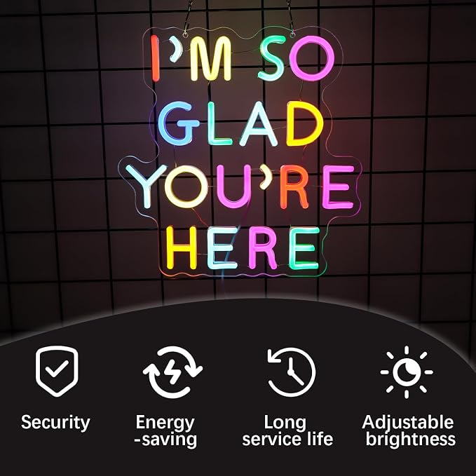 I’m So Glad You’re Here Neon Sign for Teachers – Dimmable Multicolor Letter LED Light with Wired Controller, Rainbow Glow Classroom Decor, 12.2×11.8 in, Includes 4 Wall Anchors & 2m USB Cable