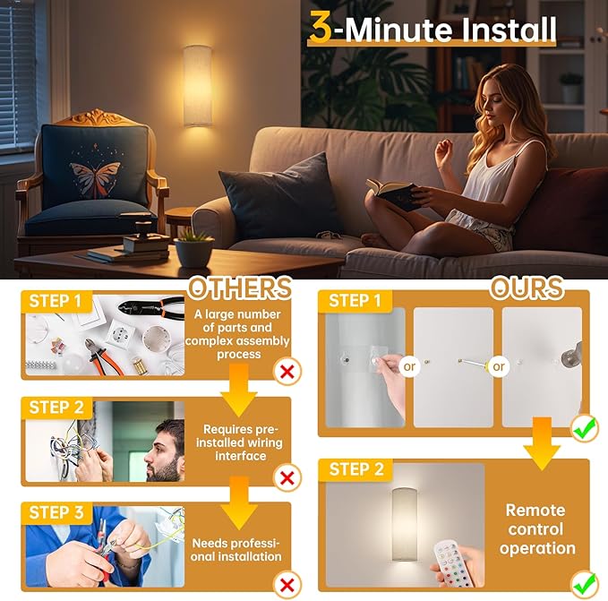 Shenmoyl Adhesive Battery Operated Wall Sconce Set of 2, 6000 mAh Battery Rechargeable Bulb with 12 RGB Colors, Stick on Wall Sconce No Drill Wall Lights, Linen