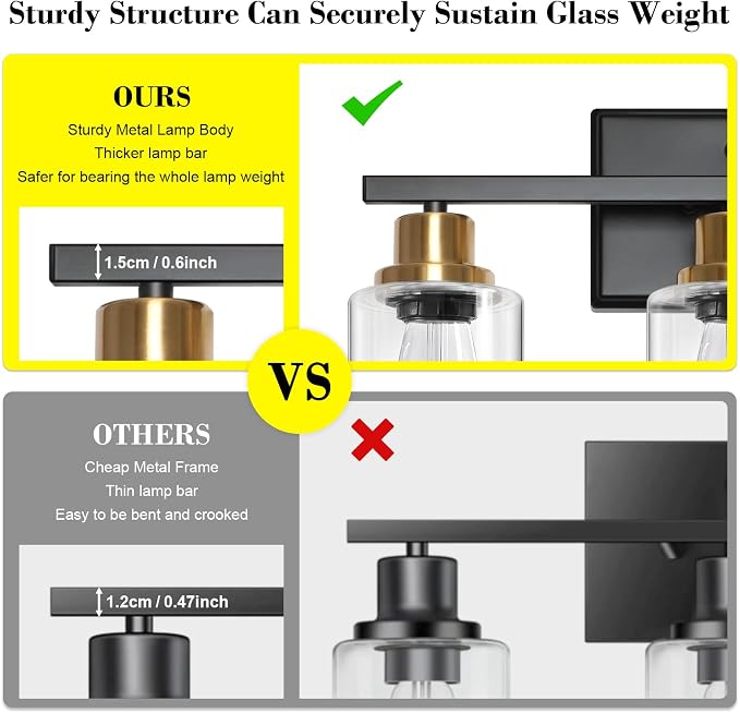 Ascher Bathroom Vanity Light Fixtures, 3 Light Wall Sconces Lighting with Clear Glass Shade, Black and Gold Wall Lights for Mirror, Kitchen, Living Room, Hallway, E26 Base (Bulbs Not Included)