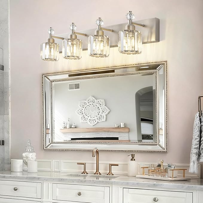 PRESDE 4-Light Brushed Nickel Vanity Light,Crystal Modern Bathroom Light Over Mirror,Wall Lighting Over Mirror Fixture