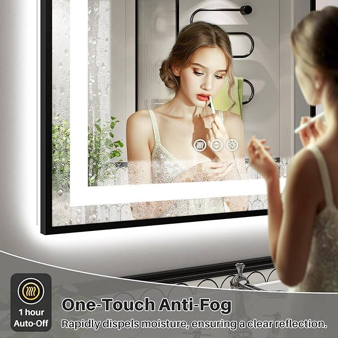 72x36 Inch LED Bathroom Mirror with Black Frame, Backlit & Front Lit | Anti-fog, 3 Color Dimmable, Memory Function, HD Reflection Tempered Glass, ETL Listed, IP54 Waterproof