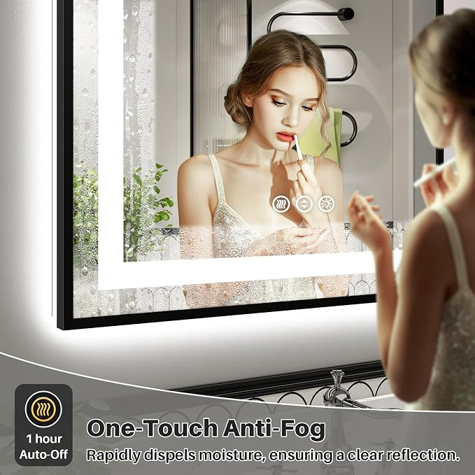 55x30 Inch LED Bathroom Mirror with Black Frame, Backlit & Front Lit | Anti-fog, 3 Color Dimmable, Memory Function, HD Reflection Tempered Glass, ETL Listed, IP54 Waterproof