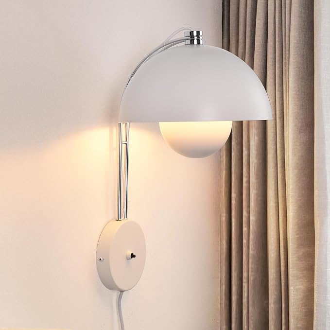 Mid-Century Modern Bud Plug in Wall Sconces for Bedroom, Matte White | Indirect lighting reading wall lamp, all-metal construction, plug-in or hardwired install, fits bedroom bedside, living room