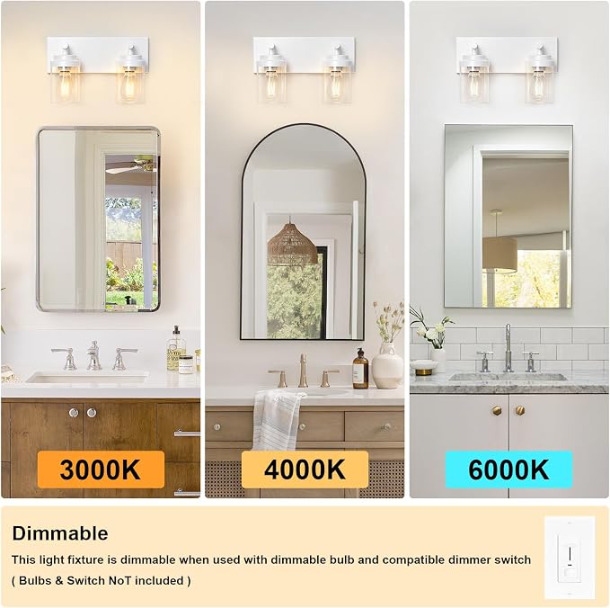 IZORRO Bathroom Vanity Light Fixture, 2-Light 15 Inch White Bathroom Light Fixtures Over Mirror, with Clear Glass Shade, Modern Farmhouse Vanity Lights, Rustic Restroom Lighting Fixtures