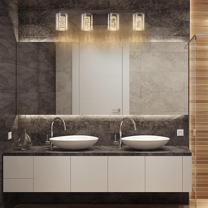 SineRise 4-Light Bronze Vanity Light with 3 Color Modes (3000K/4000K/6000K), Eye Protection LED Bathroom Light Fixture, Dimmable Modern Wall Light Over Mirror with Clear Glass Shade
