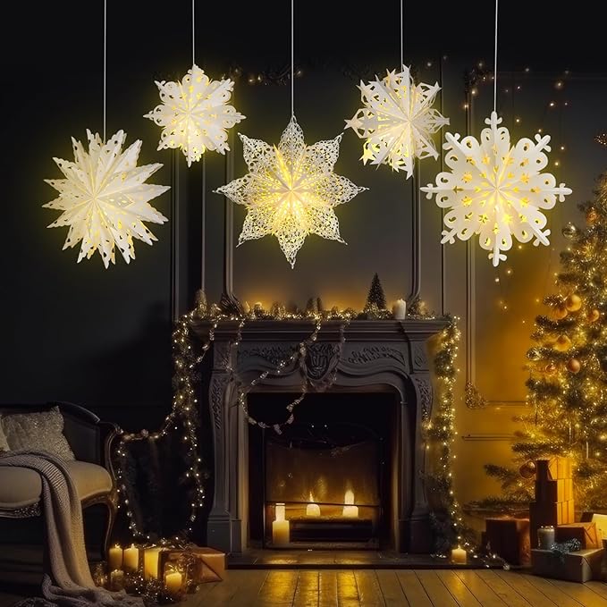Mudder 5 Pieces Large Christmas Snowflake Paper Lantern with 7 Light 23.6/17.7 Inch Star Paper 3D Hanging Lantern Lamp Party Decoration for Weddings Holiday Xmas Trees(Cute Style,White)