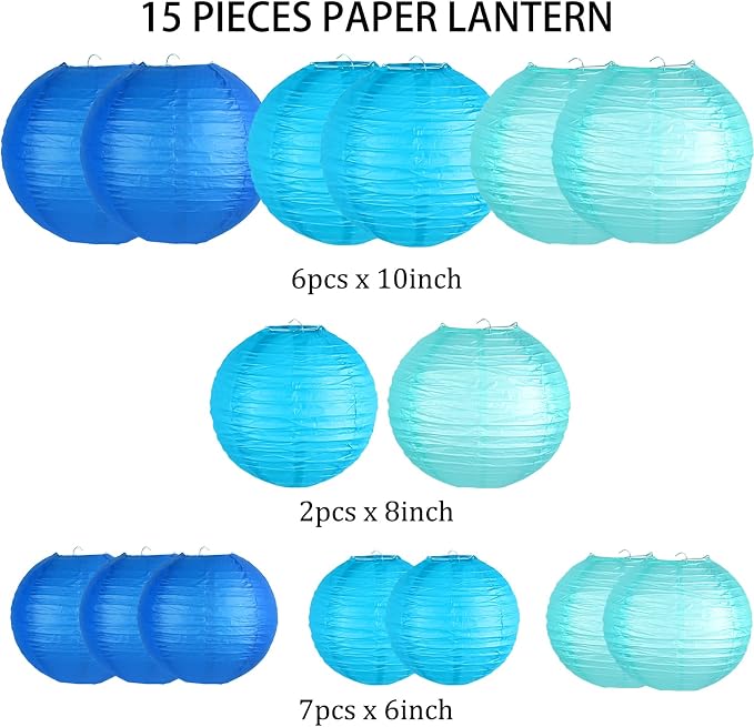 15-Pack Blue Paper Lanterns, Hanging Party Decorations | Dark-to-Light Gradient Shades in 6, 8 & 10 Inch Sizes for Boy Baby Showers, Graduations, Men's Birthdays, Ocean Themes