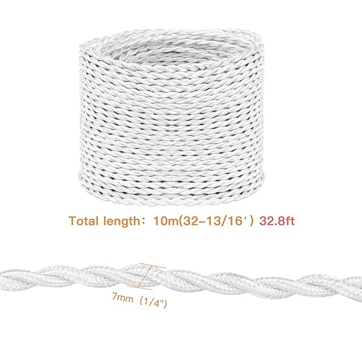 Helunsi 32.8ft Twisted Cloth Covered Wire, White 18/2 Cloth Covered Electrical Wire, 18 Wire Gauge 2-Conductor Fabric Covered Lamp Cord, Vintage Twisted Cloth Covered Wire, for DIY Projects (White)